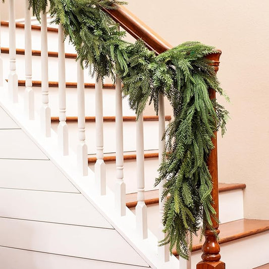 Mixed Norfolk Pine Garland with Evergreen, and Cedar Garland Artificial Realistic Greenery Branches for Decoration, Christmas Garland for Mantle, Premium Real Touch (6 Foot)