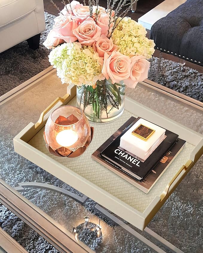 HofferRuffer Faux Leather Rectangle Serving Tray Decor Platter with Gold Metal Handles for Coffee Table, Breakfast, Tea, Food, Countertop, Kitchen, Butler Tray, 16.2 x 12.2 x 2 inches (Cream White)