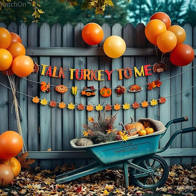 KatchOn, Talk Turkey to Me Banner - 10 Feet, 3 Strings, No DIY | Thanksgiving Turkey Banner for Thanksgiving Decorations, Friendsgiving Decor, Maple Leaf Garland for Party Supplies