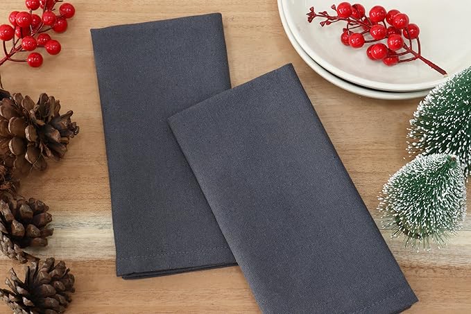 PurpleEssences Set of 12 Cloth Dinner Napkins 100% Cotton 18x18 Inch - Soft Durable Washable - Ideal for Farmhouse Party Christmas Holiday Winter - Perfect Everyday Use Table Linen - Dark Gray