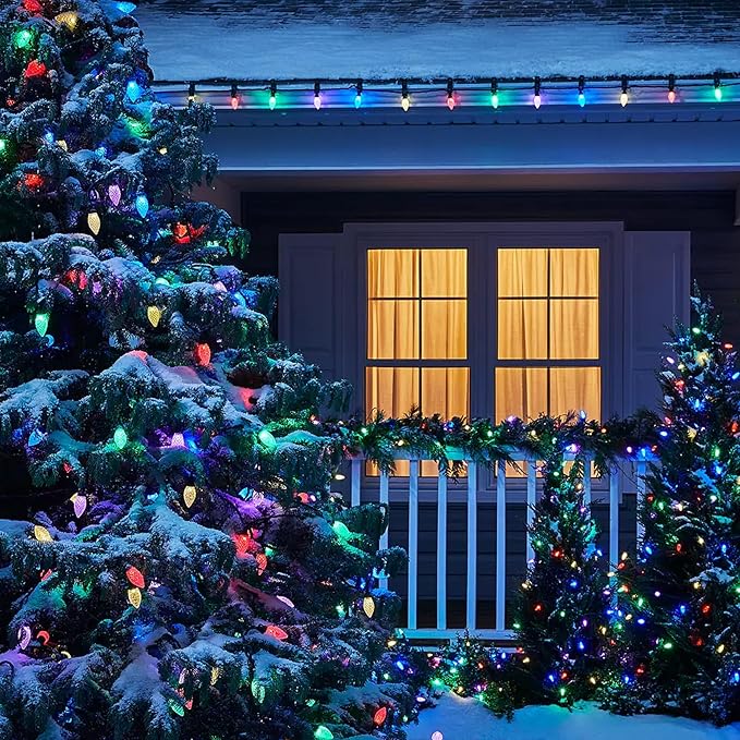 Dazzle Bright C9 Christmas String Lights, 100 LED 66 FT Waterproof Connectable Green Wire Fairy Lights, Christmas Lights for Indoor Outdoor Home Yard Xmas Tree House Decorations (Multi-Colored)
