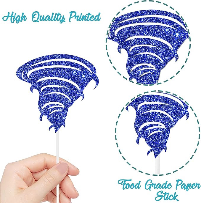 24pcs Glitter Tornado Party Cupcake Toppers Tornado Birthday Party Decorations Lightning Cloud Theme Cake Cupcake Picks for Weather Theme Birthday Party Baby Shower Supplies
