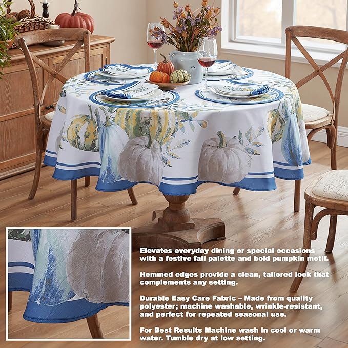 Home Bargains Plus Thanksgiving Contemporary Blue Pumpkin Tablecloth, 70 Inch Round, Fall Harvest Easy Care Fabric Table Cover