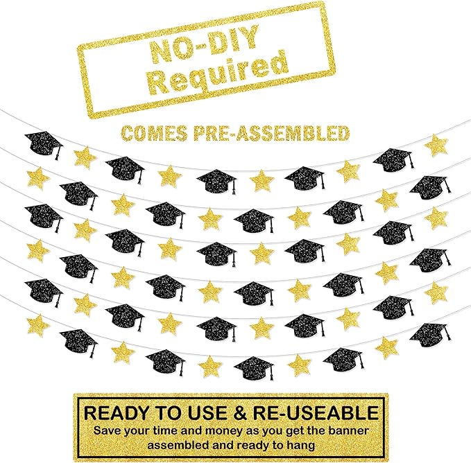 KatchOn, Graduation Cap Garland - 10 Feet, No DIY | Grad Garland Class of 2025, Black and Gold Grad Decorations 2025 | Grad Cap Decor for Graduation Decorations 2025