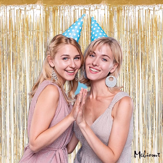 4 Pack Champagne Gold Fringe Curtain Backdrop, 3.2Ft x 9.8Ft Metallic Tinsel Foil Fringe Streamers Curtains Background for Photo Booth Birthday Baby Shower Party Wedding Graduation Decorations