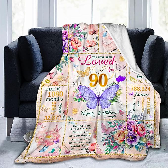 90th Birthday Gifts for Women, Super Soft Unique Fun Purple Butterfly Flower Blanket Gifts for Anniversary Christmas, 90th Birthday Decorations for Women, Cozy Warm Plush Fuzzy Fleece Blanket 80"x60"