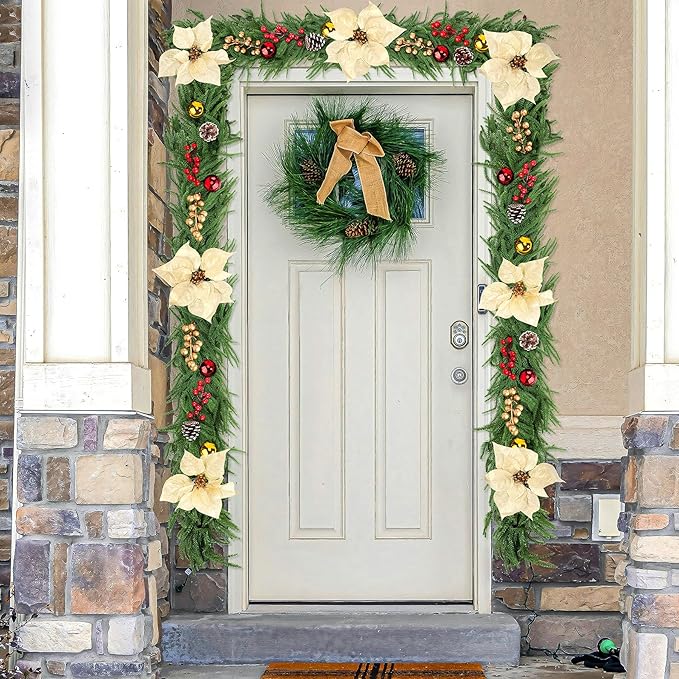 6FT Christmas Norfolk Pine Garland for Mantle, 1PCS Artificial Real Touch Garland with Flowers Berries Pinecones Balls, Green Winter Realistic Norfolk Pine Garlands for Table Winter Xmas Decorations