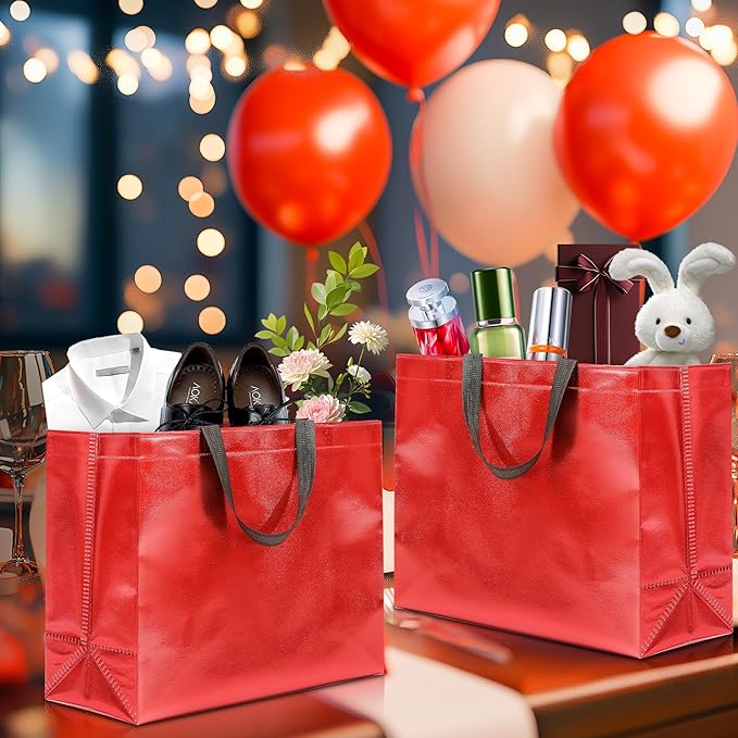 KeerxunBag 12Pcs Reusable Gift Bags（Includes Tissue Paper） Gift bag with handle Birthdays Parties Holidays Weddings Medium 13x5x11in Red Gift Bags
