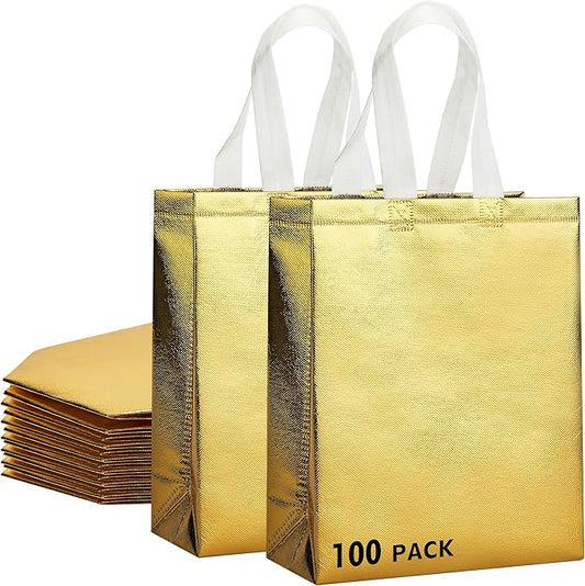 RACETOP 100 Pcs Gold Reusable Gift Bags Medium Size, 8x4x10 Inch Gold Gift Bags with Handles & Sturdy Base, Ideal for Birthday, Wedding, Bachelorette, Party Favors, Holiday Goodie