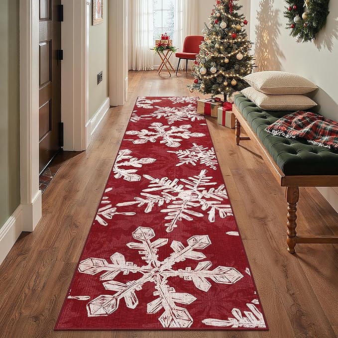 Christmas Runner Rug 2x10 Washable Rug for Hallway Kitchen Bedroom, Christmas Home Decor, Holiday Print Carpet, Low Pile Mat with Non Slip Backing, Snowflake