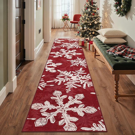 Christmas Runner Rug 2x10 Washable Rug for Hallway Kitchen Bedroom, Christmas Home Decor, Holiday Print Carpet, Low Pile Mat with Non Slip Backing, Snowflake
