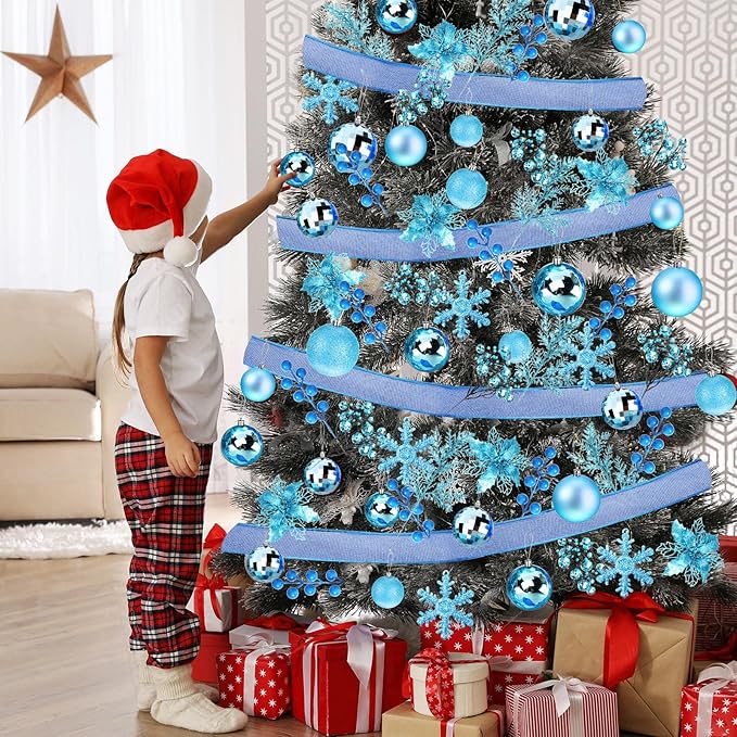 Sratte 94 Pcs Christmas Tree Decorations Set, Christmas Tree Ball Ornaments Glitter Poinsettia Flowers Decorations Glitter Berries Stems for Xmas Holiday Wedding(Blue)