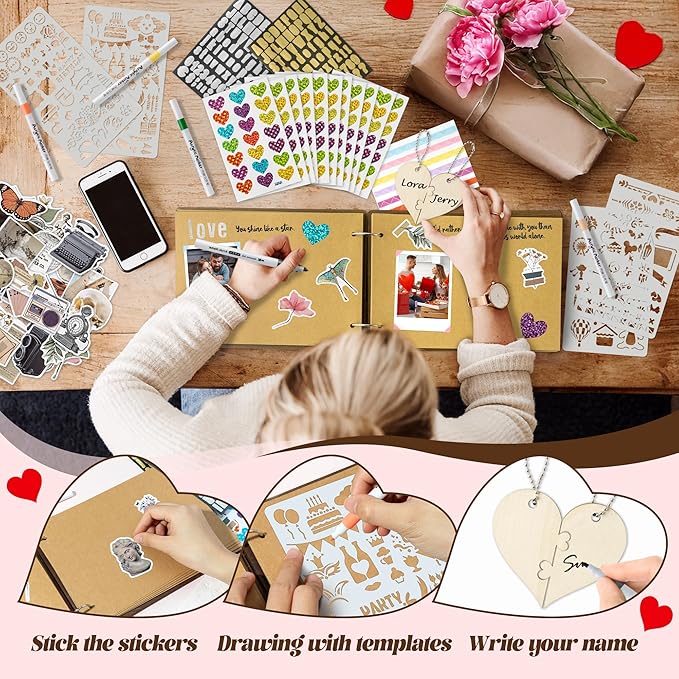CY2SIDE 3 Years Anniversary Scrapbook - 111PCS 3 Years Down Wooden Photo Album Scrapbook Craft Kit Included Wood Cover Heart Puzzle Brown Paper Sticker and Template for DIY Dating Celebration Gift