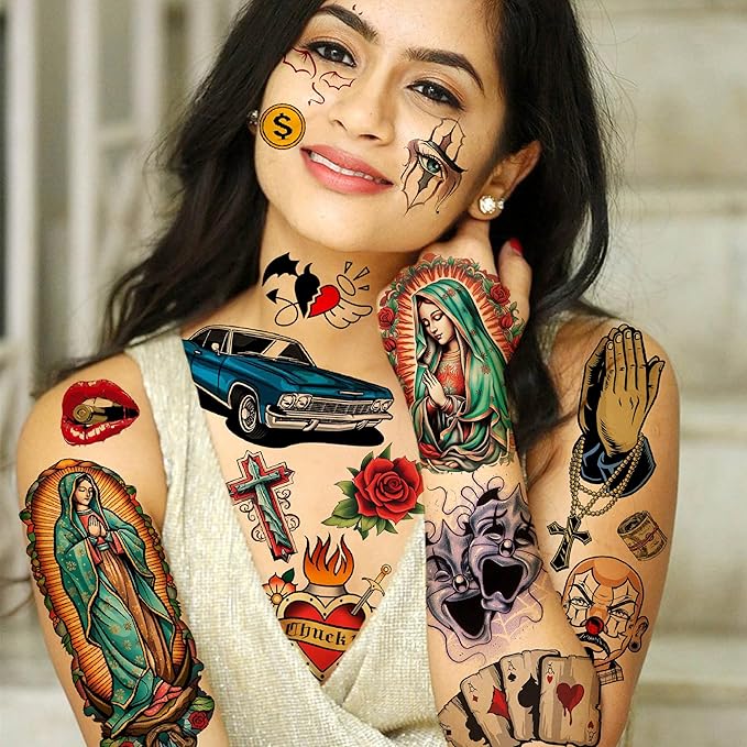 6 Sheets 3D Mexico Chicano Temporary Tattoos For Women Men Adults, Watercolor Guadalupe Tattoo Sticker, Prison Gangster Cholo Joker Chicana Halloween Tattoos Face, Tatuajes Temporales Autocolante