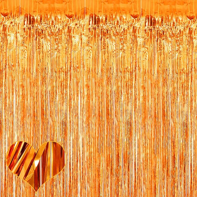 4 Pack Orange Fringe Curtain Backdrop, 3.2Ft x 9.8Ft Metallic Tinsel Foil Fringe Streamers Background for Photo Booth Birthday Wedding Baby Shower Carnival Easter Mother’s Day Party Decorations