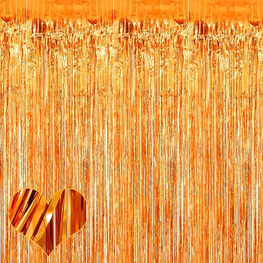 4 Pack Orange Fringe Curtain Backdrop, 3.2Ft x 9.8Ft Metallic Tinsel Foil Fringe Streamers Background for Photo Booth Birthday Wedding Baby Shower Carnival Easter Mother’s Day Party Decorations