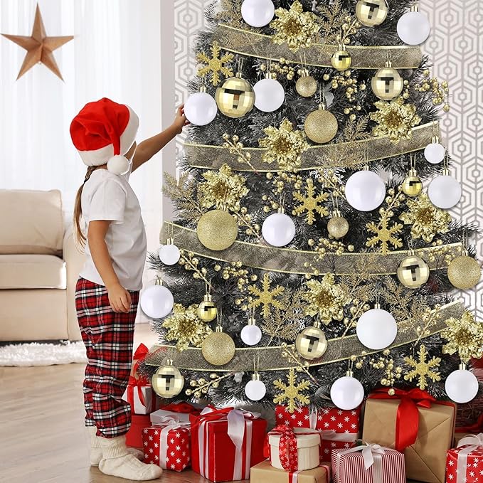 Sratte 94 Pcs Christmas Tree Decorations Set, Christmas Tree Ball Ornaments Glitter Poinsettia Flowers Decorations Glitter Berries Stems for Xmas Holiday Wedding(White, Gold)