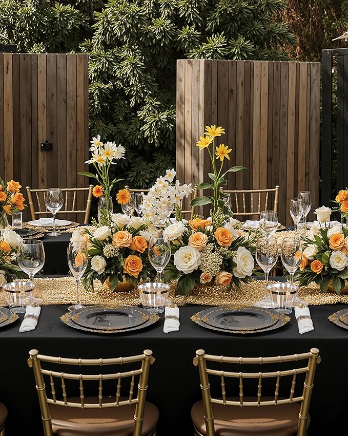 Nervure 350PCS Black Plastic Plates - Black Plastic Dinnerware Sets for 50 Guests - 100 Disposable Plates, 150 Gold Silverware, 50 Cups, 50 Napkins for Wedding & Party & Halloween