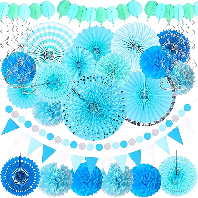 Moon Boat 35PCS Party Decorations Paper Fan Hanging Set - Birthday,Baby Shower,Wedding Decor (Blue)