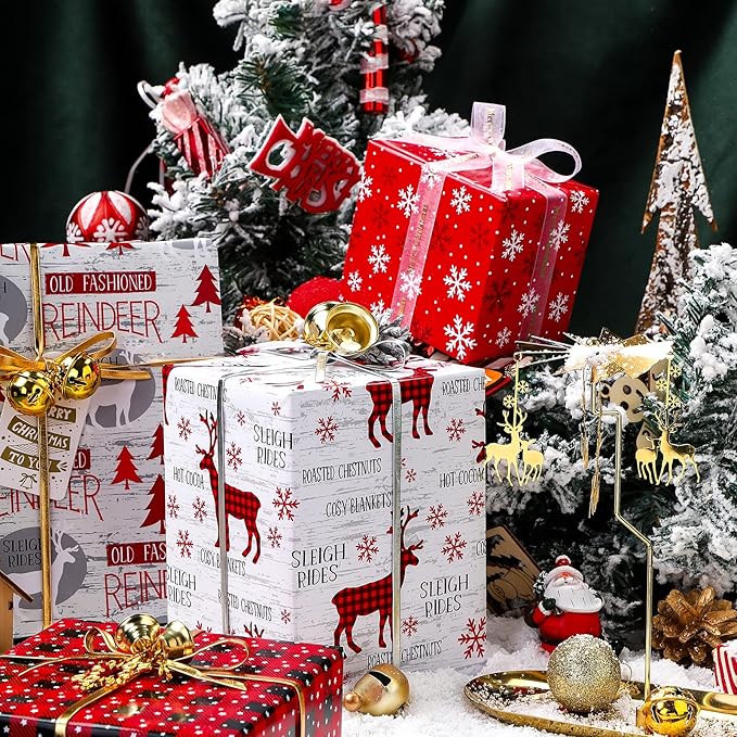 WRAPAHOLIC 30 Inch Christmas Wrapping Paper Roll - Jumbo Roll Rustic Holiday Woodland Scenes - Snowflake, Plaid, Reindeer - 4 Rolls - 30 Inch x 120 Inch Per Roll