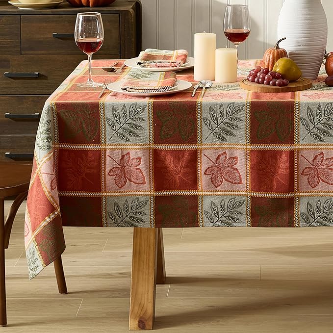 Newbridge Whispering Leaves Rust Orange and Green Plaid Thanksgiving Tablecloth, 52 x 70 Inch Rectangle, Autumn Leaf Woven Fabric Table Cover, Fall Harvest Dining Decor