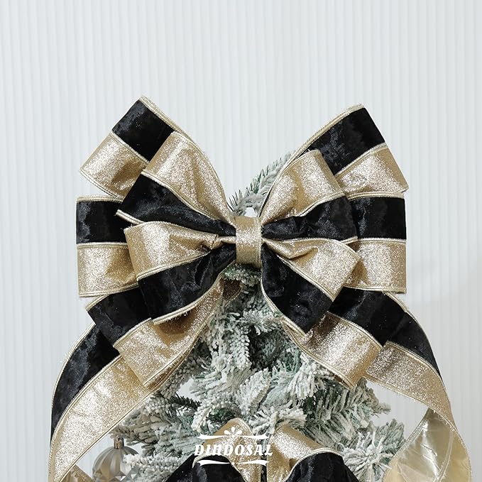 Black Velvet Wired Christmas Ribbon 4 Inch Extra Wide Thick Black and Gold Glitter Holiday Ribbon – 10-Yards Roll for Tree Decorations, Gift Wrapping, Wreaths, and DIY Crafts