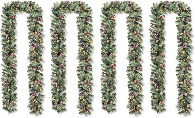 Glitzhome Set of 4 Prelit Christmas Garlands, 6FT Glittered Pinecones and Berries Green Pine Christmas Garlands with 50 Warm White Lights and Timer for Holiday Party Hanging Christmas Decorations