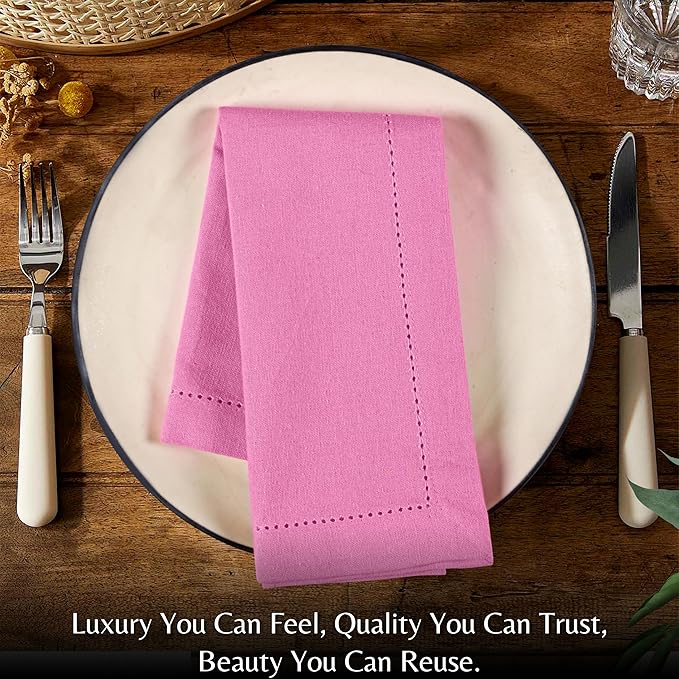 Palisa Pink Dinner Napkins with Hemstitched Detailing Set of 12 18x18 Inch – Cotton Cloth Soft Reusable Napkins for Summer, Restaurant, Table Linen for Weddings & Everyday Use – Pink Color