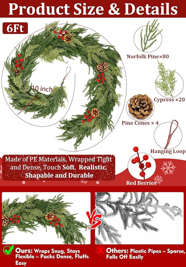 6 Ft by 10 Inch Prelit Christmas Garland with Lights Timer 8 Modes, Real Touch Norfolk Pine Garland 100 Pine Cypress Tips Pinecones Berried Cedar Garlands Thick Greenery Garlands for Home Table Mantle