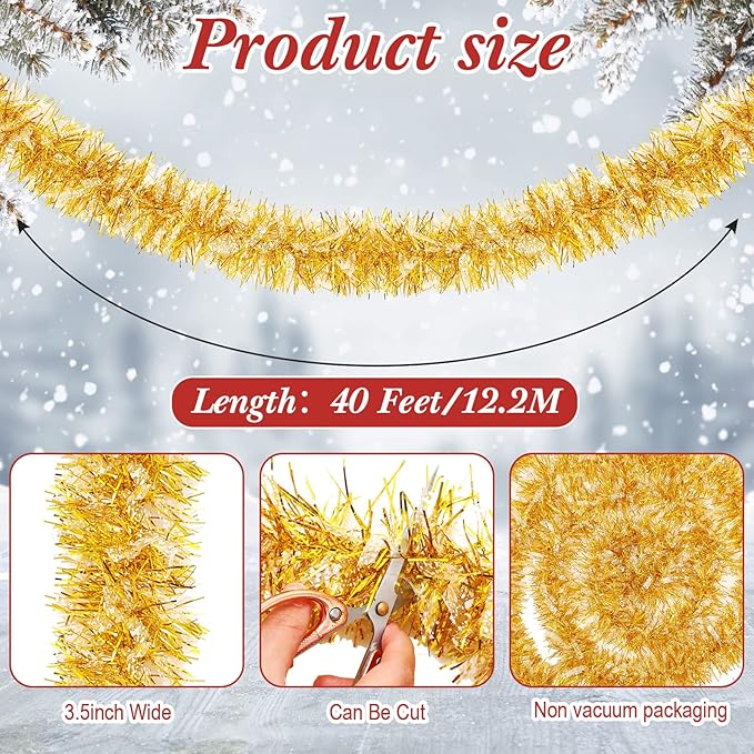 Dilunave 40 Feet Christmas Tinsel Garland Metallic Foil Twist Tinsel Garland Decoration for Christmas Tree, Wedding, Birthday and Party Hanging Decorations(Gold)