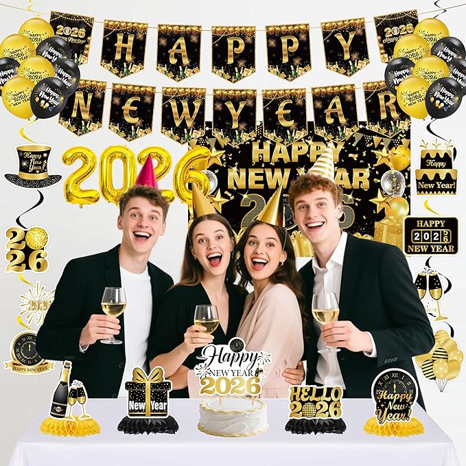 2026 New Years Decorations Party - 35 Pcs Gold Black 2026 Happy New Year Banners Foil Balloons Backdrop Hanging Swirls Honeycomb Centerpieces Cake Topper for New Years Eve Party Celebration Supplies
