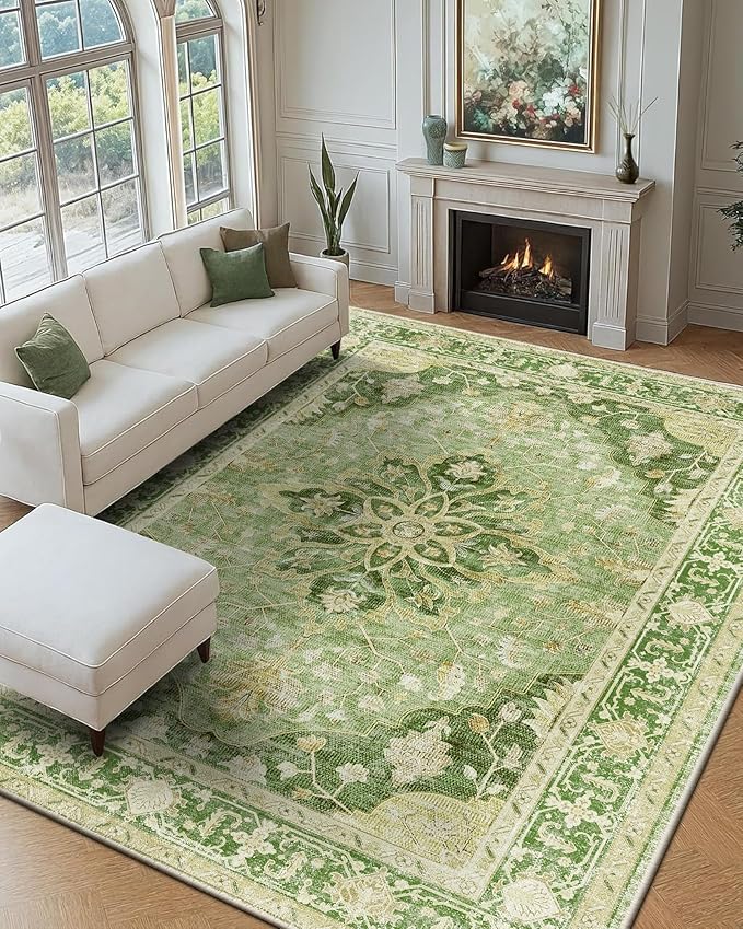 Area Rugs 9'x12' Washable Non-Slip, Floral Vintage Distress Print Pattern Medallion Carpet for Living Room Bedroom Dining Room, Sage Green Yellow
