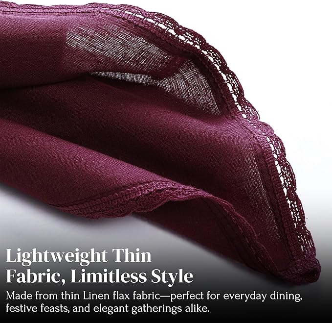 Ramanta Home Linen Flax Cloth Napkins Set of 12| 18x18 Inch | Premium Cotton Linen Flax Lace Soft & Durable | Washable Ideal for Everyday Use Parties Thanksgiving Christmas Halloween Burgundy