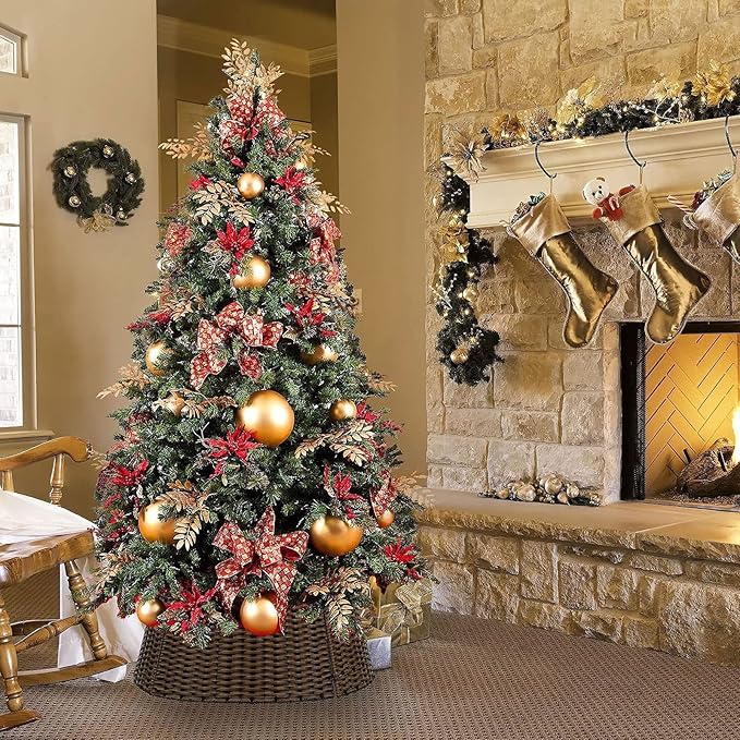 Christmas Tree Collar, 23’’ D Handmade Artificial Rattan Wicker Christmas Stand Tree Collar Basket Base Cover for Holiday Decoration