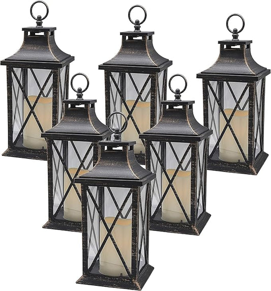 YAKii 14" Decorative Candle Lantern LED Flameless Candle Timer, Plastic LED Candle & Holder, Indoor & Outdoor Hanging Lights,Christmas Day Decoration Pack of 6 (Antique Copper Brushed)