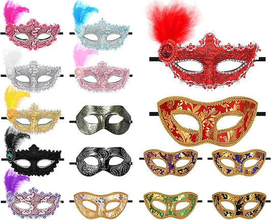 Sratte 16 Pcs Couple Masquerade Mask with Feather Flower Unisex Half Face Venetian Mask for Mardi Gras Party (Feather)