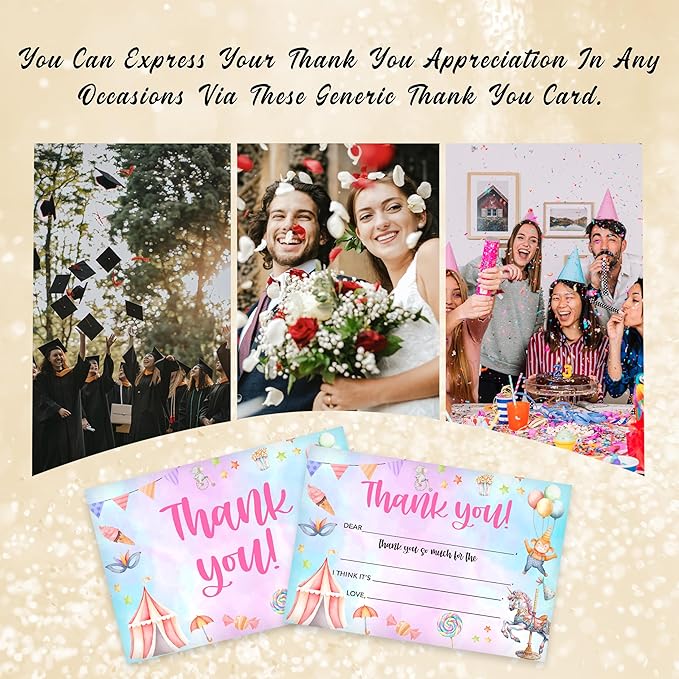 Kids Thank You Card, Carnival Theme Thank You Notes, Circus Greeting Card With Envelope, Birthday Wedding Graduation Christmas Party Favors Supplies Decor(20 Pcs)-02