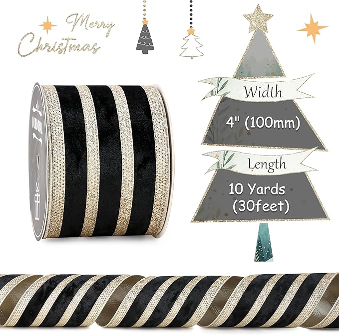 Black Velvet Wired Ribbon with Champagne Glitter Stripe 4 Inch Extra Wide Crushed Velvet Christmas Ribbon, 10 Yards for Gift Wrapping, Crafts, Tree Decorations, Wreath Supplies, Garlands