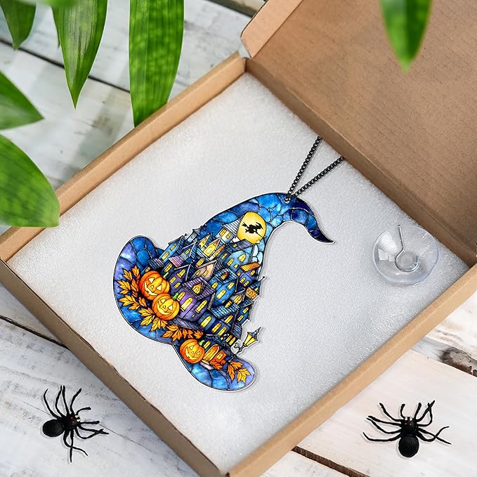 Witch Hat Suncatcher for Window Hanging, Gothic Halloween Decoration, Spooky Town Pumpkin Acrylic Ornament, Jack-o’-Lantern Fantasy Decor, Autumn Halloween Christmas Witchy Gifts for Women, Friends