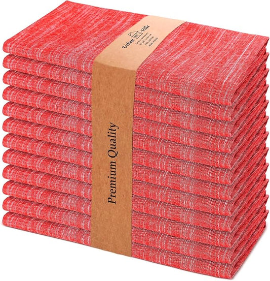 Urban Villa Dinner Napkins Red White Chambray Cloth Napkins (Set of 12) Oversized 20x20 Inches 100% Cotton Slub Premium Quality Soft Durable Mitered Corners Reusable Washable Everyday Use Napkins