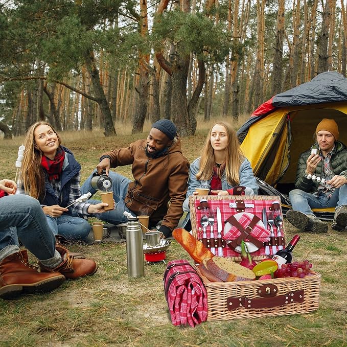 Picnic Baskets Wicker Willow Picnic Set for 4 Persons with Insulated Cooler Bag and Waterproof Picnic Blanket