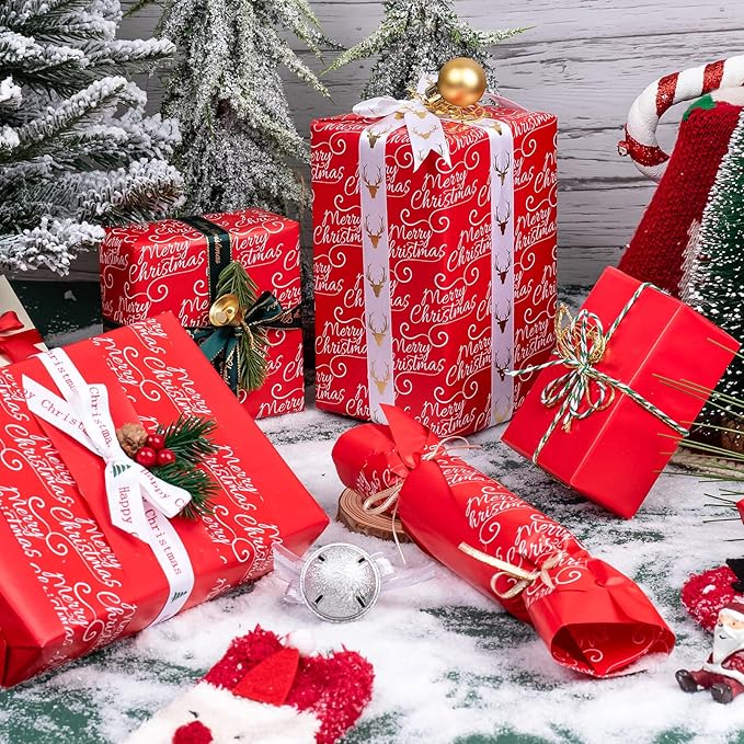 WRAPAHOLIC 30 Inch Jumbo Reversible Red Christmas Wrapping Paper - 30 Inch x 100 Feet Jumbo Roll Merry Christmas and Solid Red Wrapping Paper for Holiday, Party Celebration