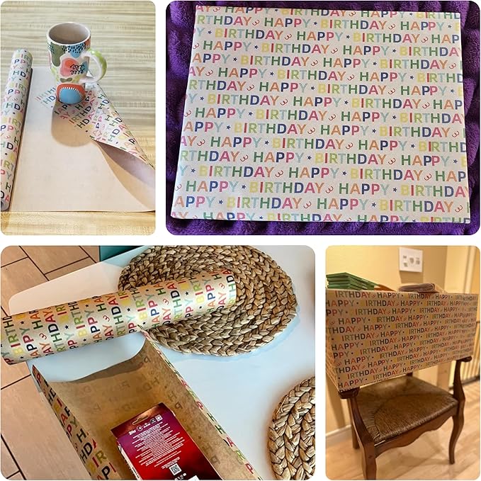 Kraft Birthday Wrapping Paper - Mini Roll - 17 Inches X 33 Feet - for Boys Girls Kids - Colorful Happy Birthday Pattern Great for Teen, Party, Baby Shower
