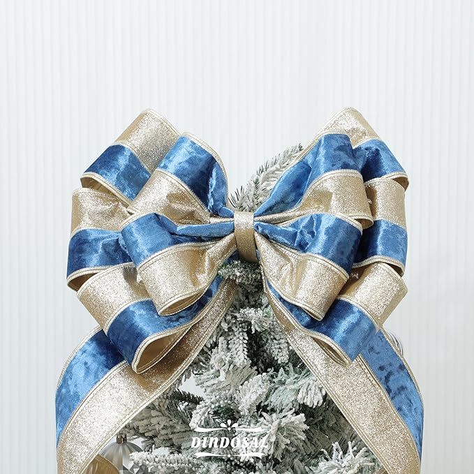 Navy Blue Velvet Wired Christmas Ribbon 4 Inch Extra Wide Thick Blue and Gold Glitter Holiday Ribbon – 10-Yards Roll for Tree Decorations, Gift Wrapping, Wreaths, and DIY Crafts