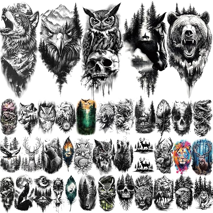 77 Sheets Forest Animals Temporary Tattoo for Women Men, 17 Sheets Half Arm Large Lion Tiger Wolf Fake Tattoos, 60 Sheets Black Skull Owl Bear Tiny for Adult Kids Body Tattoos Stickers Realistic