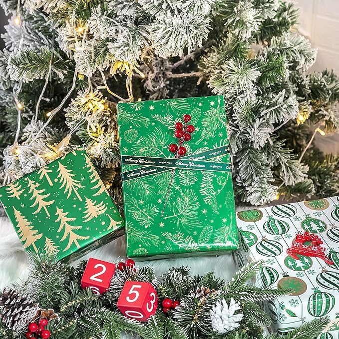 MAYPLUSS Christmas Wrapping Paper Roll - Mini Roll - 17 inch X 120 inch Per roll - 3 Different Green Design with Glitter Metallic Foil Shine (42.3 sq.ft.ttl)