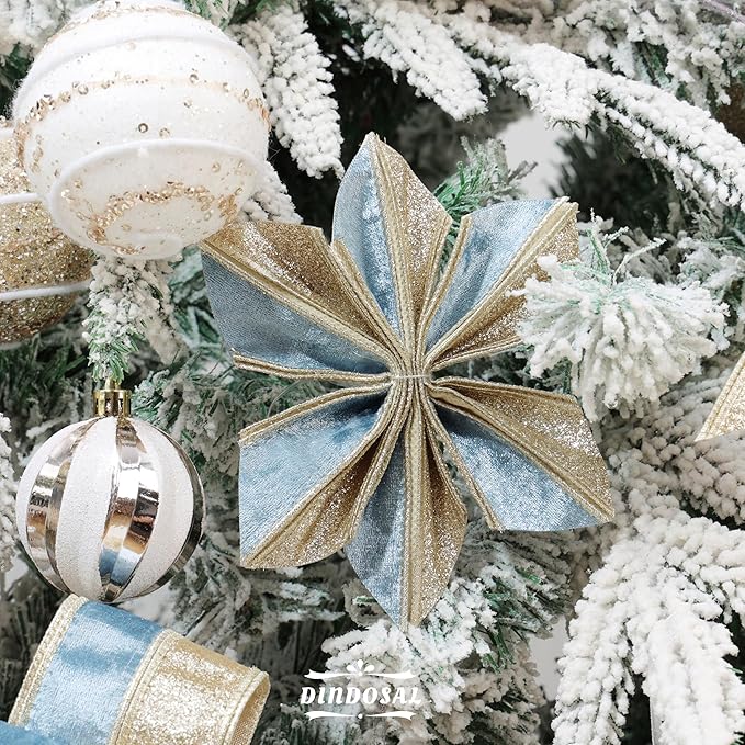 Dusty Blue Velvet Wired Christmas Ribbon 2.5 Inch Blue and Gold Glitter Holiday Ribbon – 10-Yards Roll for Tree Decorations, Gift Wrapping, Wreaths, and DIY Crafts
