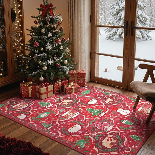 Christmas Rug 2x3 Washable Rugs for Entryway Bedroom, Christmas Home Decor, Holiday Print Carpet, Low Pile Non Slip Mat with Rubber Backing, Red Christmas Tale Pattern