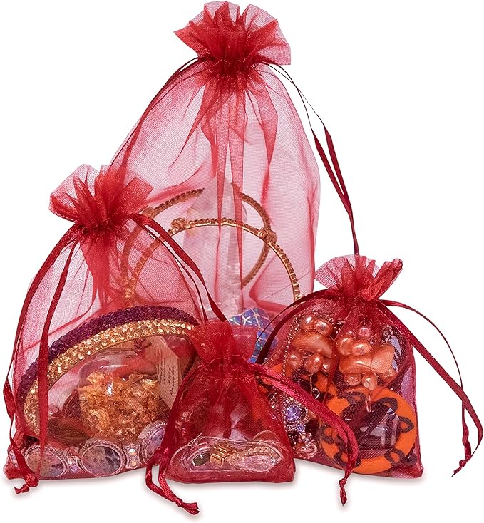 TheDisplayGuys 48-Pack 6x8 Maroon Sheer Organza Gift Bags with Drawstring, Jewelry Candy Treat Wedding Party Favors Mesh Pouch