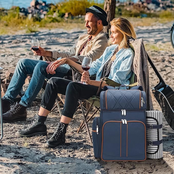 Picnic Backpack for 4,Picnic Basket Set,Leakproof Picnic Bag,Beach Cooler Backpack with Insulated Cooler Wine Pouch,Picnic Blanket, Double Deck Picnic Backpack for Beach,Camping,Park(Navy Blue)